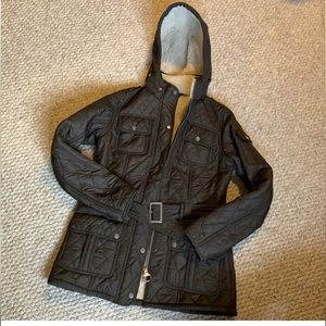 Barbour quilted belted jacket with detachable hood— warm and stylish!
